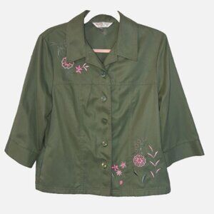 Allison Daley Petite 10P Olive Green Embroidered Floral Button Front Jacket Blaz